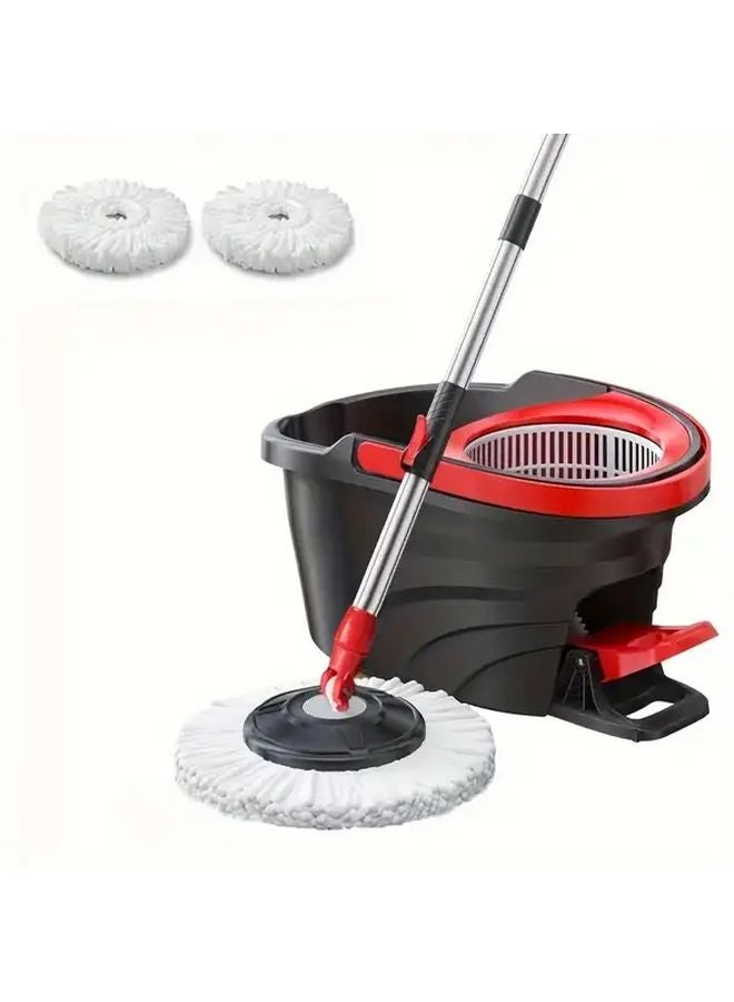 Black Red 4Pcs Wash Free Rotary Mop Set with Retractable Handle and Bucket - Image 2